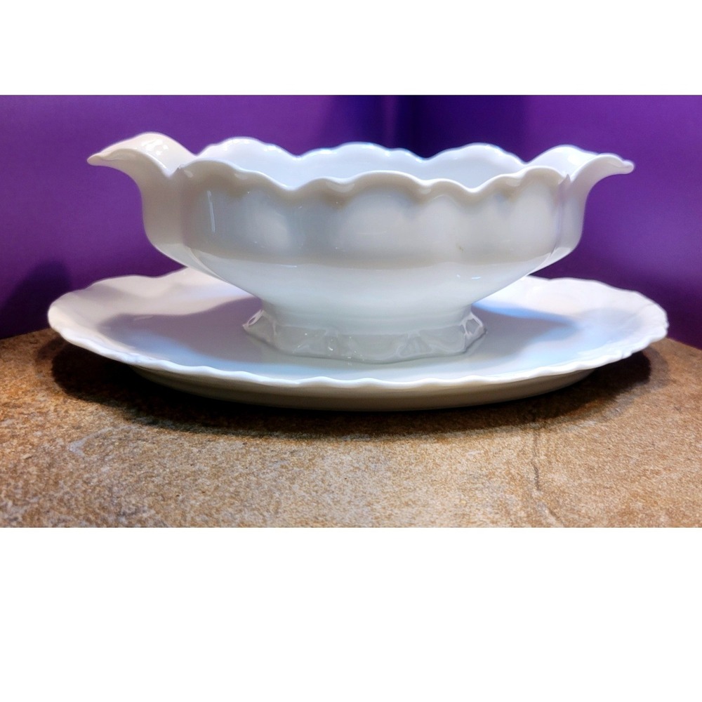 Haviland France Ranson Gravy Boat Attached Underplate White Schleiger 1 Antique